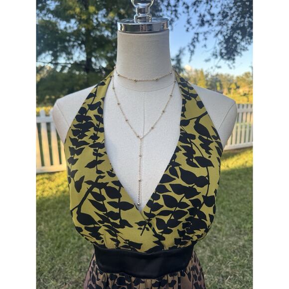 Express Y2K Silk Halter Top Lime Green Purple Ombré Tropical Leaf Blouse Sz 10 - Picture 3 of 16